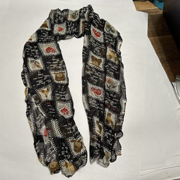 Rectangle Scarf Sheer Rayon Black White Check Teddy Bear Pattern Hearts Flowers - Picture 1 of 8